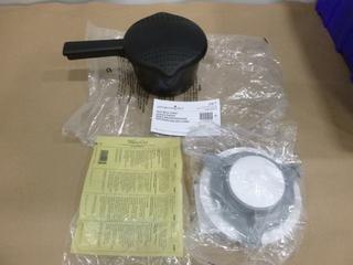 Unused Pampered Chef Dual-Sided Burger and Slider Press, Base Makes 1/2 lb. Patties, Insert Makes 3 oz. Patties, Dishwasher Safe, C/w Unused Small Micro Cooker With Vented, Locking Lid For Easy Draining, c/w Replacement Storage Lid for Manual Food Processor (G-2)