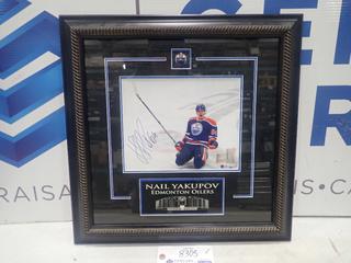 Signed, Framed 8 In. x 10 In. Edmonton Oilers, Nail Yakupov, Goal Celebration Picture, Etched Mat, Rexall Place Pin, COA (Upstairs)