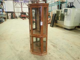 Oak and Glass Corner Display/Curio Cabinet With Upper and Lower Display Areas, Glass, Mirrors and Lighting, *Note: Damage to Some Glass and Mirrors*  (H)