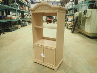 Shelving and Cabinet Unit, 2-Door Bottom Compartment, 2 Upper Shelves, 33 In. x 22.5 In. x 69 In., *Note: Missing Front Glass Doors* (H)