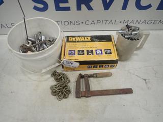 Qty of Assorted Tools Including Sockets, Wrenches, Clamps, C/w DeWalt 15-1/2 In. GA Flooring Staples (O-3-3)