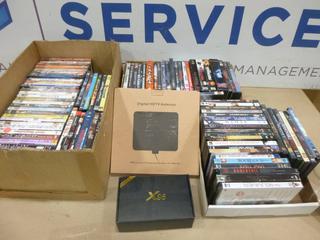 Approx. 75 DVD Movies C/w Android Player X 96-W TV Box (Unused) and Digital HDTV Antenna (G-1)