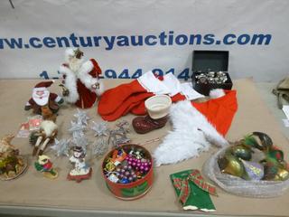 Qty of Christmas Items Including Stockings, Stuffed Items, Ornaments, Bells, Santa Hat, Etc.  (R-1-1)