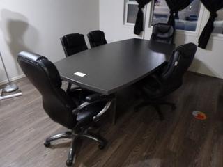 Boardroom Table w/ 5 Chairs On Casters, 95 1/2 In. x 47 1/2 In. x 30 1/2 In. *Located Offsite at 5013 48 St, Stony Plain, For Viewing and More Information Contact Al at 587-982-5353, Must Have Paid In Full Invoice For Removal, No Payments Accepted On Site* **Buyer Responsible For Loadout**