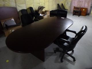 Boardroom Table w/  Chairs On Casters, 94 1/2 In. x 43 In. x 29 In. *Located Offsite at 5013 48 St, Stony Plain, For Viewing and More Information Contact Al at 587-982-5353, Must Have Paid In Full Invoice For Removal, No Payments Accepted On Site* **Buyer Responsible For Loadout**