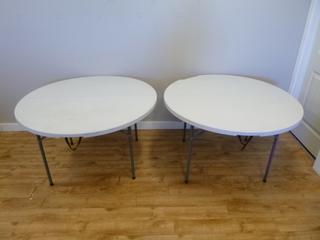 (2) Plastic Circular Fold Up Tables, 29 In. x 48 In. Diameter *Located Offsite at 5013 48 St, Stony Plain, For Viewing and More Information Contact Al at 587-982-5353, Must Have Paid In Full Invoice For Removal, No Payments Accepted On Site*