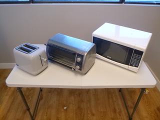 Black and Decker Toaster Oven w/ (1) RCA Microwave, Model RMW733-WHITE, (1) T-Fal Toaster, Model SERIET42-A *Located Offsite at 5013 48 St, Stony Plain, For Viewing and More Information Contact Al at 587-982-5353, Must Have Paid In Full Invoice For Removal, No Payments Accepted On Site*