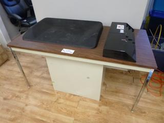 Table, 60 In. x 30 In. x 29 In. w/ 2-Drawer Filing Cabinet and Misc Office Supplies *Located Offsite at 5013 48 St, Stony Plain, For Viewing and More Information Contact Al at 587-982-5353, Must Have Paid In Full Invoice For Removal, No Payments Accepted On Site*