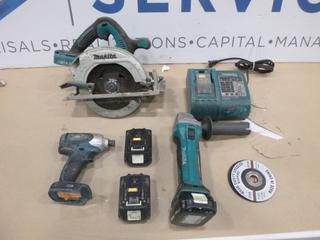 Makita Battery Powered Tools, Includes Saw, Impact, Grinder, C/w 3 Batteries, and Charger (T-1-2)