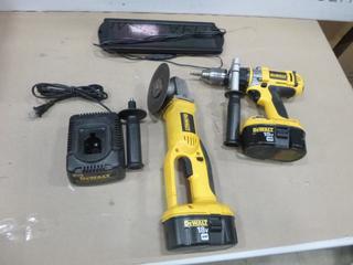 DeWalt 18V Cordless Hammer Drill, C/w Cordless Angle Grinder, Charger, 12V Solar Panel w/ Lighter Plug In (E-1)