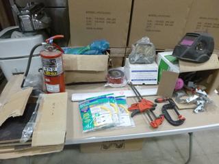 Qty of Assorted Items, Includes Welding Helmet, Clamps, Gas Hose, Master Cylinder, Fire Ext., Wood Shelf and More (Y-2-1)