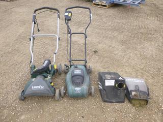 (1) 14 In. Yardworks Electric Compact Lawn Mower c/w Bag (Working Condition), (1) Yardworks Electric Lawn Vac c/w Bag (Does Not Work)