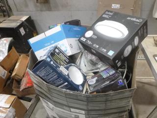 (4) LED Lights, Box of Used Light Bulbs and Qty of Large Pot Lights (R53)