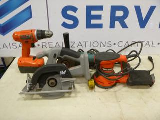 (1) Craftsman 315 5 1/2 In. Trim Saw (Needs Battery), (1) Black and Decker Drill, (1) Black and Decker Sander, (1) Angle Grinder (Unknown Make) *Note: Working Condition Unknown* (B2)