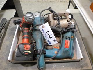 (1) Crown Tools 120V Angle Grinder, (1) Impact Drill (Unknown Make), (1) Skil Drive 18V Drill, (1) Black and Decker Jigsaw, Model 7515 *Note: Working Condition Unknown* (B2)