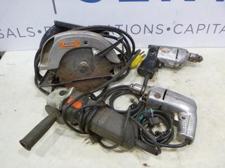 (1)Black and Decker B-121 3/8 In. Utility Drill, (1) Craftsman 7 In. Double Insulated Circular Saw, Model 315.11866, (1) Tielang 125x6mm Angle Grinder, (1) Shopmate Drill, Model 195LG (B2)