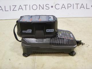 Ryobi Class 2 Battery Charger, Model P118, C/w Ryobi 18V Lithium P105 Battery (B-1)