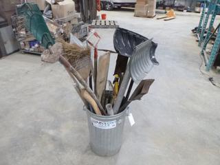 Garbage Can w/ Shovels, Rakes and Broom Handles (TC)