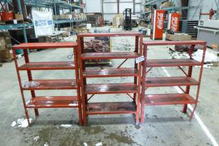 (1) 5 Tiered Metal Shelf, 30 In. x 11 1/2 In. x 49 In., (2) Tiered Metal Shelves, 30 In. x 11 1/2 In. x 44 1/2 In. *Note: 1 Shelf Damaged*