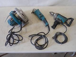 (3) Makita Power Tools: (1) 7 1/4 In. Circular Saw, Model 5007FA, 15 A, SN 0051672Y, Angle Grinder, Model GA6020 120 V, 10.5 A, SN 48253A, And 1/2 In. Drill, Model 6013BR, 120 V, 6.3 A, *Note: Working Condition* (A2)