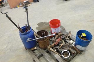 Qty of Assorted Hitches/Tow Mounts, Tire Chains, Tire Iron, Clamps, Pins, Chain Hooks and Misc