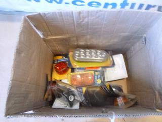 Box of Unused Trailer Lights, Connectors and Breakaways (C-1)