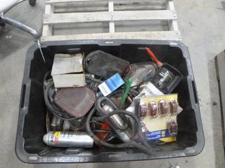 Tote of Assorted Lights, Automotive Items and Wiring (S-1-1)