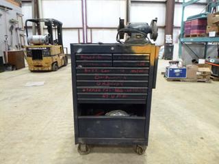 11 Drawer Tool Box on Wheels w/ Contents and 6 In. Mastercraft Bench Grinder (Z)