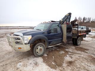 2016 Ford F-550 XL Super Duty Single Cab 4X4 Flat Deck c/w 6.8L Triton V10, A/T, A/C, Showing 113,992 Kms, Manual Hub, Headache Rack, Storage Cabinet, 5th Wheel, 225/70R19.5 Tires, 6 Ft. x 8 Ft., w/ 2005 Heila Crane, Model HL-L7013S, SN H-12910, VIN 1FDUF5HY0GEA34648 *Note: Engine Light On, ABS Light On, Traction Control Light On, Truck Runs Rough, Crane Requires New Pump-Running Condition Unknown*