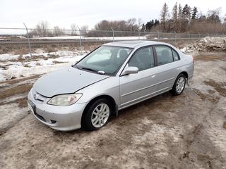 2005 Honda Civic c/w 5 Speed Manual, Showing 298,959 Kms, P185/65R15 Tires at 20%, VIN 2HGES15655H007663 *Note: Turns Over, Damage to Ignition, Flat Tires* 