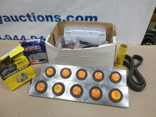 Qty of Assorted Automotive Parts Including (2) Sets of Yellow LED Lights, Exhaust Clamps, Serpentine Belt, Small LED Light, (2) Peterbilt Emblems, Container of Assorted Nuts, Bolts, Washers, 8 In. Convex Truck Mirror (D2)