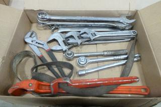 Qty of Assorted Tools - Wrenches, Pipe Holder, Pliers, Socket Wrenches. (M-3-2)