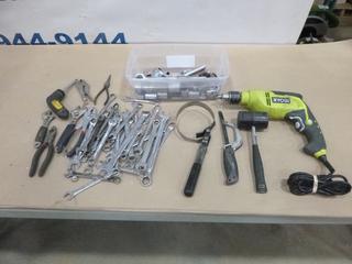 Qty of Assorted Tools Including Ryobi 1/2 In. Electric Drill, Assorted Wrenches (SAE and Metric), Crescent Wrenches and Sockets, Ratchets, Plyers, Oil Filter Wrench and More (D2)