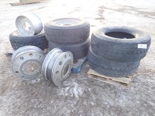 Qty of Used Tires and Rims, Includes (6) Rims, (4) 385/65R22.5 Tires, (1) 455/65R22.5 Tire