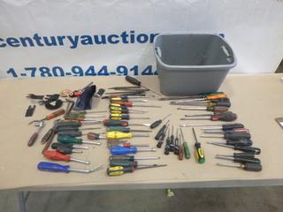 Qty of Assorted Tools, Includes Screw Drivers, Crescent Wrenches and More, C/w Plastic Tote (D-2)