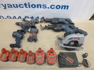 Qty of Bosch Cordless Power Tools Includes (2) Drills, (2) Reciprocating Saws, (1) Impact, (1) Circular Saw, (1) Flash Light, (6) Batteries and (1) Charging Station, C/w Carrying Case (F-3-3)