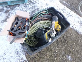 Qty of Mic Tools Including Framing Nailer, Clamps, Air  Hoses, Hand Saw, Tool Punch, Fence Repair Wire