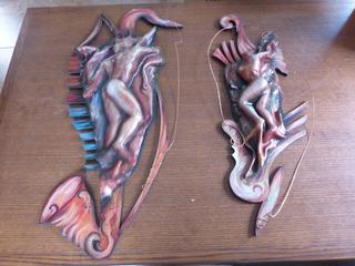 (2) Pieces of Artwork Using Multiple Medias, Paint, Leather, Wood, Male Piece - 31 In. x 14 In. , Female Piece  - 28 In. x 11 In.