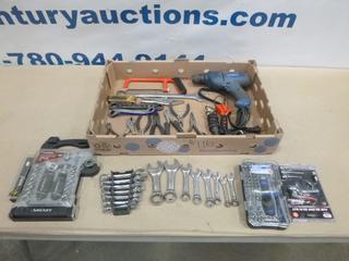 Qty of Assorted of Hand Tools Including 3/8 In. Electric Drill, Ratcheting Driver and Bit Set, Stubby Wrenches, Plyers and More (F1)