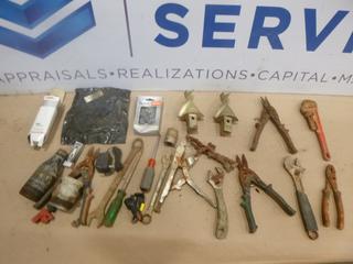 Pail of Assorted Hand Tools Including Screwdriver, Wrenches, Vise Grips, Chainsaw Chain, Fuel Filters (F2)