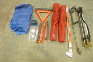 Assorted Items: (2) Outbound Folding Chairs, (3) Slow Moving Vehicle Triangle Signs, Booster Cable Clamps, Tripod, Tarp, 3 Ft. Level, Pressure Washer Gun, Power Fist 90A Battery Isolator