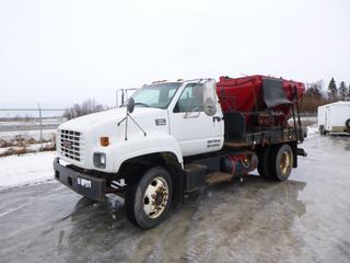 1999 GMC C5500 Flat Deck w/ Sanding Unit c/w 7.4L, 5 Speed Manual, LPG, Showing 160,632 Kms, GVWR 20,850 Lb, 245/75R22.5 Tires, Dually Rear, Front Axle Rating 5,850 Lb, Rear Axle Rating 15,000 Lb, Sanding Unit Control- Two Stage, Gas Powered, Hydrapack, 8 Ft. Hopper, 10 Ft. x 7 Ft. 4 In., VIN 1GDG6H1B0XJ503085
