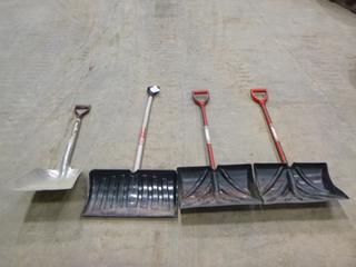 (1) Garant Grizzly Shovel. (2) Troybuilt Snow Shovels, (1) Jobmate D-Grip Pusher Show Shovel 