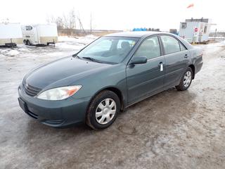 2004 Toyota Camry LE c/w 2.4L VVT-i 16 Valve, A/T, A/C, Showing 199,170 Kms, 205/65R15 Tires at 70%, VIN 4T1BE32K84U309817 *Note: BC Registered, Check Engine Light On, Glove Box Stays Open, Minor Transmission Issues, Scratched on Body*