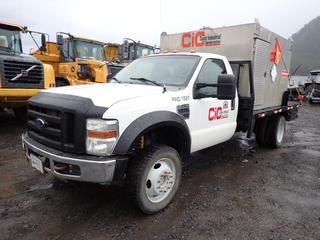 2009 Ford F550 XL Super Duty Pickup Truck C/w 6.8L Triton V10, A/T, Powder 12ft Steel Deck, Dual Rear Wheels, 4x4, Harbour Machining 8ft X 7ft Diamond Plate Storage Box And Rear Deck Lights. Showing 83,861kms. VIN 1FDAF57Y29EA41527