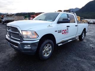 2013 Dodge Ram 2500 Heavy Duty SLT Crew Cab Pickup Truck C/w 5.7L Hemi Gas Engine, 8-Cylinder, A/T, 4x4 And IOR Aluminum Headache Rack w/ Flasher. Showing 116,622kms. VIN 3C6TR5JTXDG542899 *Note: Rip In Drivers Seat, Brake Light Out* 