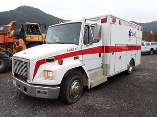 1993 Freightliner FL60 Ambulance Truck C/w Allison Automatic Transmission, Dual Rear Wheels, Cummins 403D 6.9L Power Engine, Life Line Emergency Rear Conversion And 20,280 GVWR. Showing 11,413hrs, 176,379kms. VIN 1FV3GFBC4PL460813