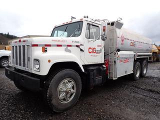 1985 F2574 International S2500 T/A Fuel Truck C/w Cummins 350 HP Diesel Engine, Eaton Fuller Roadranger 15-Speed, 1985 Westank Willock Alum Cargo Truck 3-Compartment Tank, Max. Capacity 16,700 L, Sn 27WCA1820FR000102, Neptune Model 431 Fuel Meter With Reels, 228in Wheel Base , 15R24.5 Tires And Spring Suspension. Showing 1737hrs, 73,250 Miles. VIN 1HTZPJUT6FHA22565 *Note: Front Seat Torn*