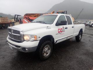 2004 Dodge Ram 3500 Crew Cab Pickup Truck C/w 5.9L In-line Cummins Turbo Diesel Engine, 6-Cylinder, A/T, 4x4 And IOR Aluminum Headache Rack w/ Flasher. Showing 215,660kms. VIN 3D7LU38C54G216550