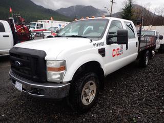 2008 Ford F350 Super Duty Crew Cab Pickup Truck C/w 5.4L Gas Engine, 8-Cylinder, Ventures Manufacturing Flat Deck, Sn 706358520, Headache Rack , 275/70R18 Tires @ 70% And Rear Deck Lights. Showing 26,683hrs. VIN 1FDSW35508EA99460 *Note: Rear Passenger Door Requires Repair*